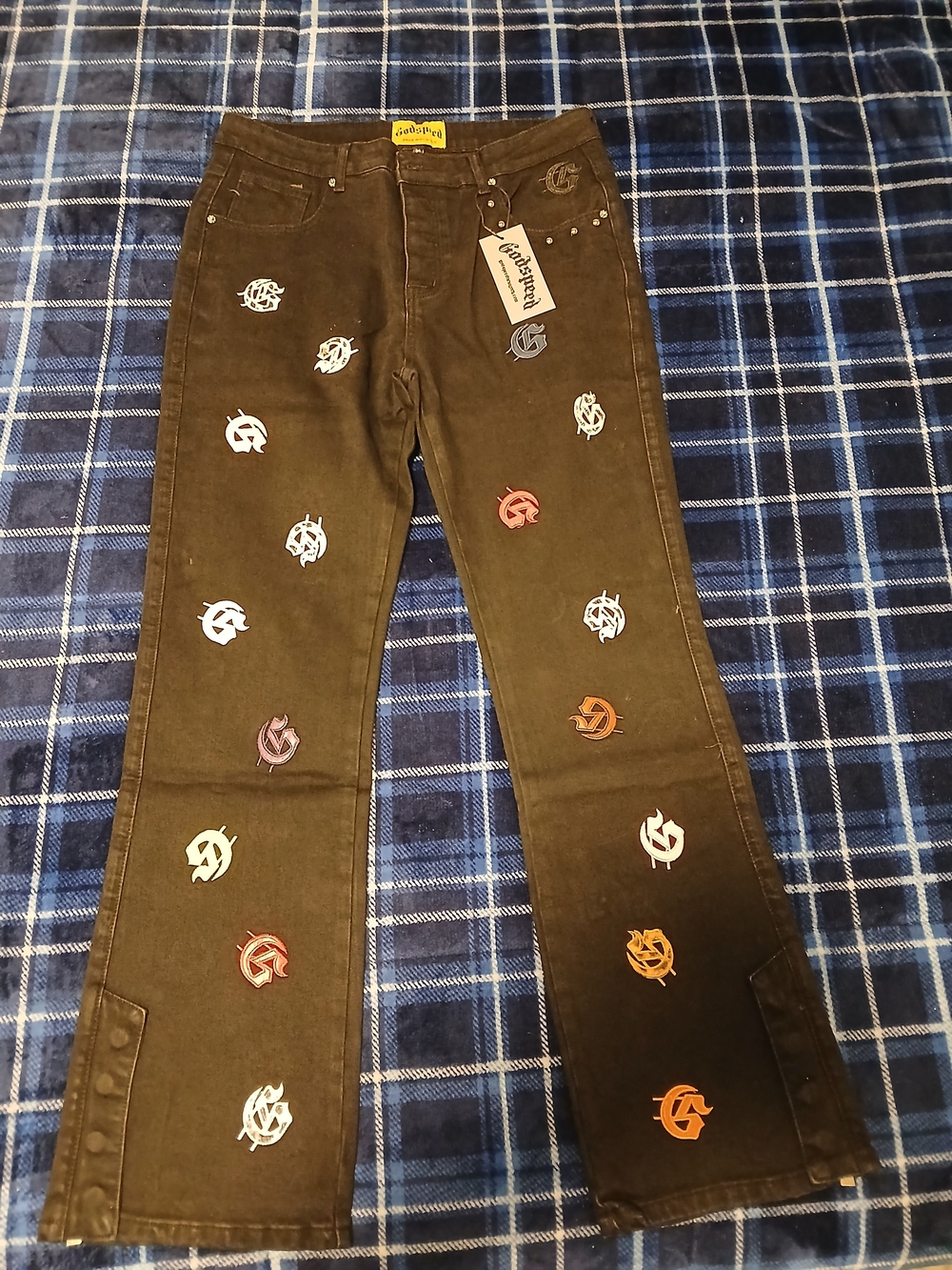 Goodspeed Men's Brown Wide-Leg Jeans with Multicolor Logo Embroidery